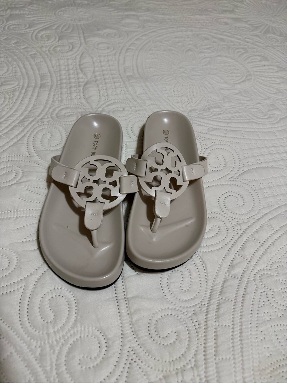 Tory Burch Neutral Gray Logo Thong Sandals
